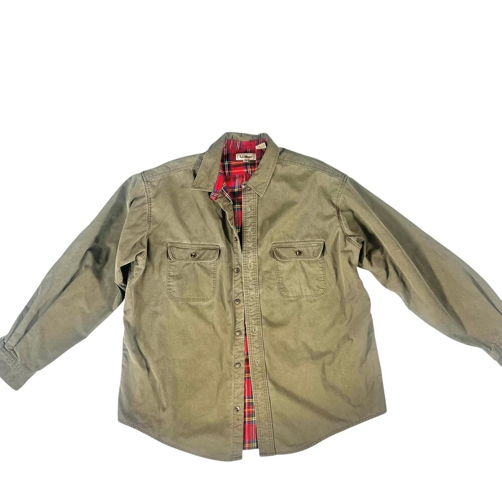 Vintage L.L. Bean Canvas Shacket Jacket XL Olive Red Plaid Flannel Lined Mens